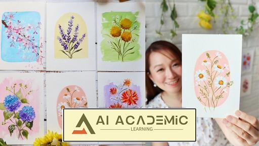 تکنیک آبرنگ و گواش: نقاشی گل با پس‌زمینه پاستلی