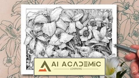 رسم یک باغ زنبق پرجزئیات و هماهنگ با قلم و جوهر