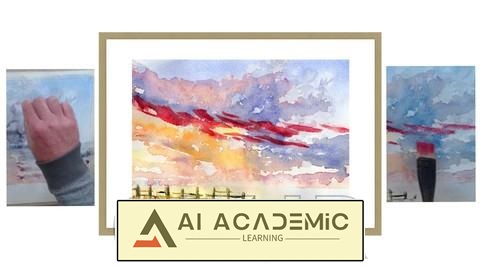 نقاشی با آبرنگ با یک قلمو - غروب ساحل با سبک آزاد