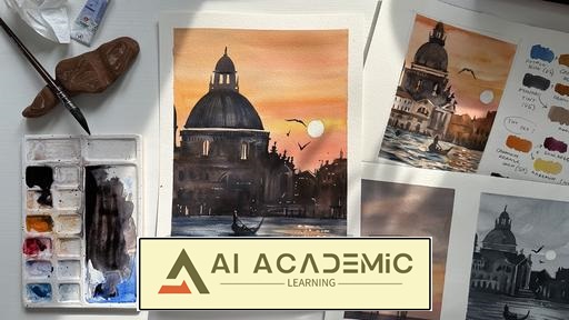 نقاشی منظره شهری با آبرنگ: غروب آفتاب ونیزی و انعکاس آب را نقاشی کنید