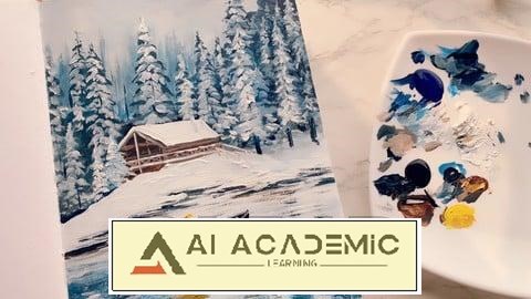 درختان کاج برفی و منظره زمستانی - نقاشی با اکریلیک
